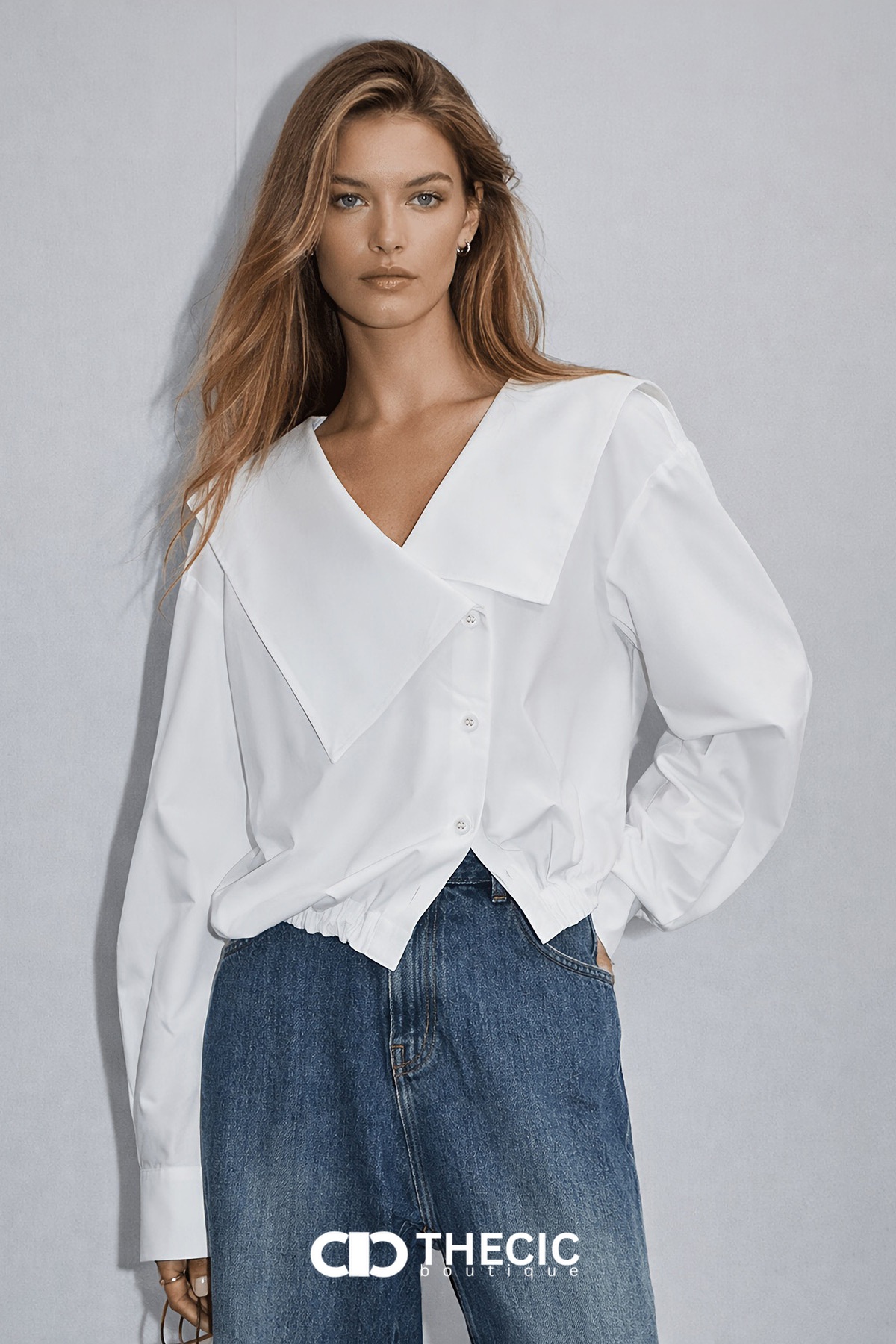 Oversized Collar Asymmetrical Button Drawstring Hem Blouse