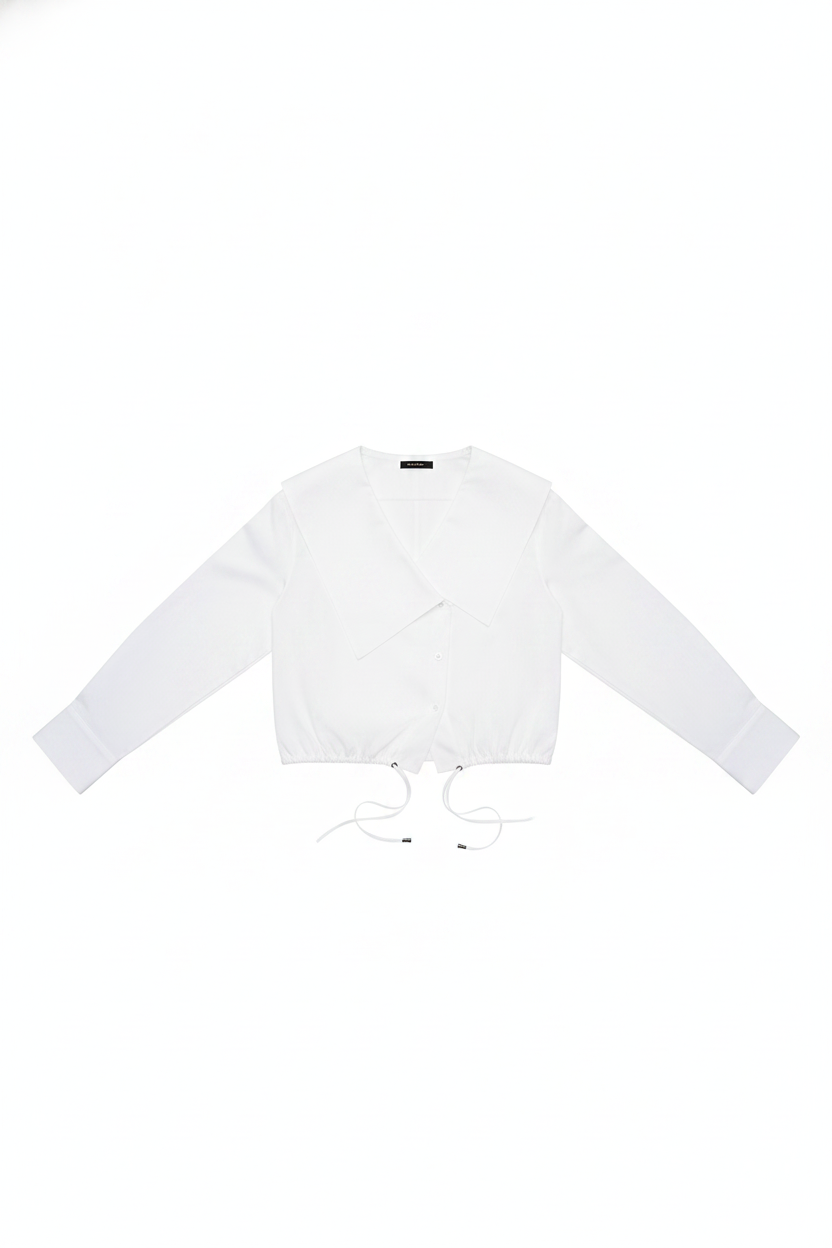 Oversized Collar Asymmetrical Button Drawstring Hem Blouse