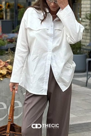Oversized Collared Button-Down Flap Pocket Shirt