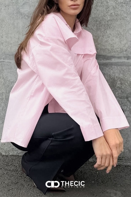 Oversized Collared Button-Down Flap Pocket Shirt