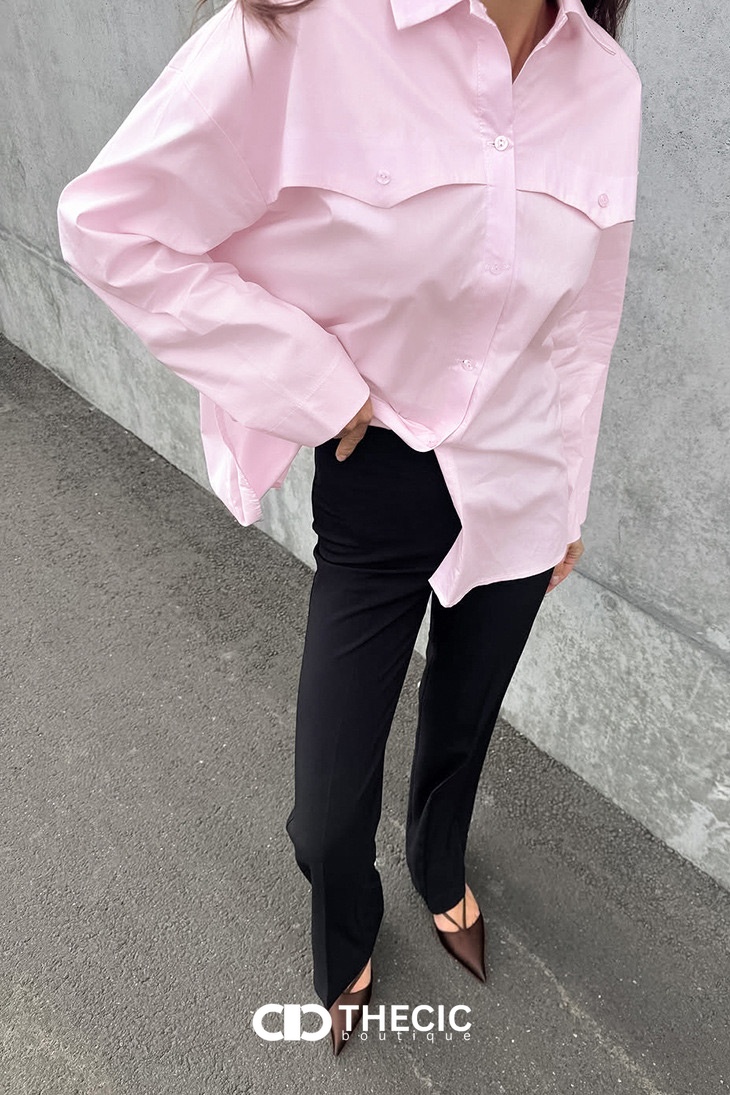 Oversized Collared Button-Down Flap Pocket Shirt