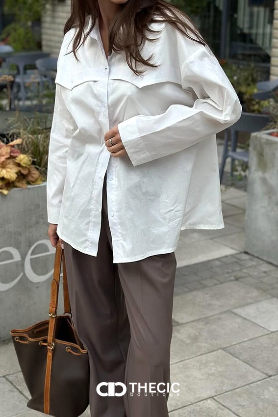 Oversized Collared Button-Down Flap Pocket Shirt