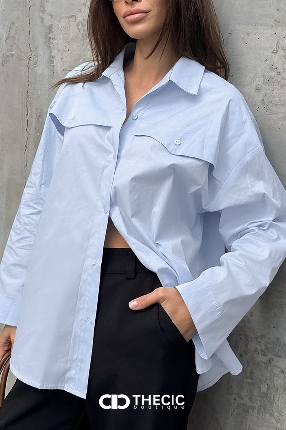 Oversized Collared Button-Down Flap Pocket Shirt