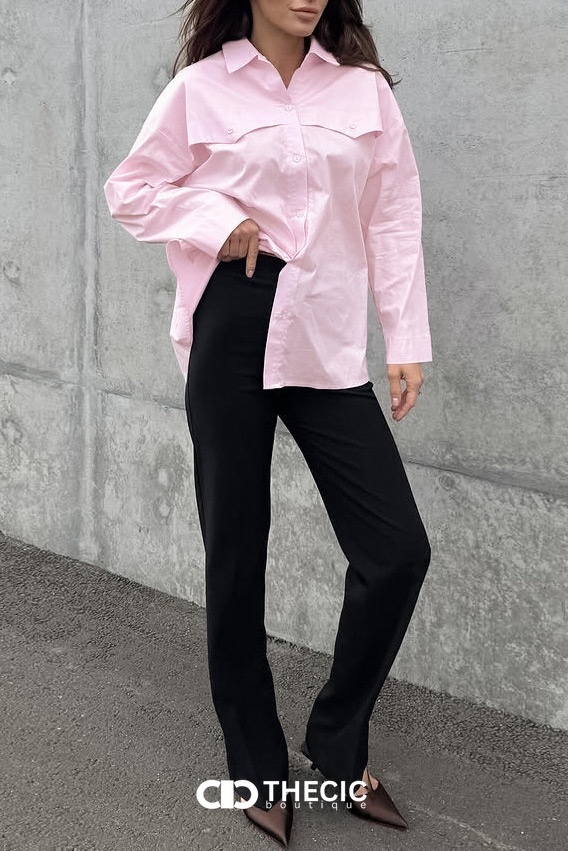 Oversized Collared Button-Down Flap Pocket Shirt