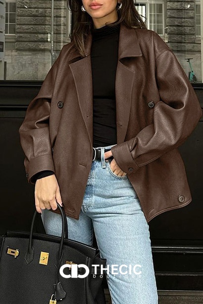 Oversized Faux Leather Double-Breasted Blazer
