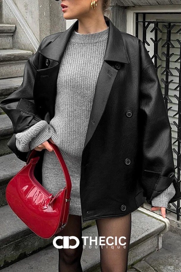 Oversized Faux Leather Double-Breasted Blazer