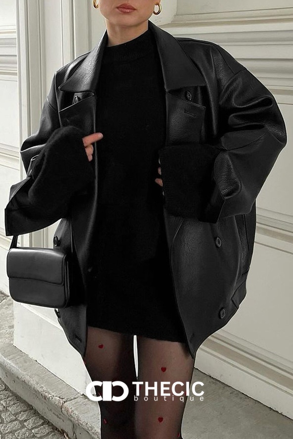 Oversized Faux Leather Double-Breasted Blazer