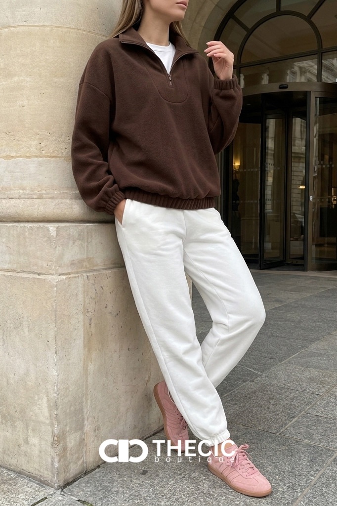 Oversized Fleece Quarter-Zip Stand Collar Pullover