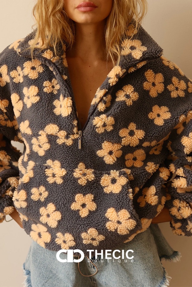 Oversized Floral Sherpa Half-Zip Pullover