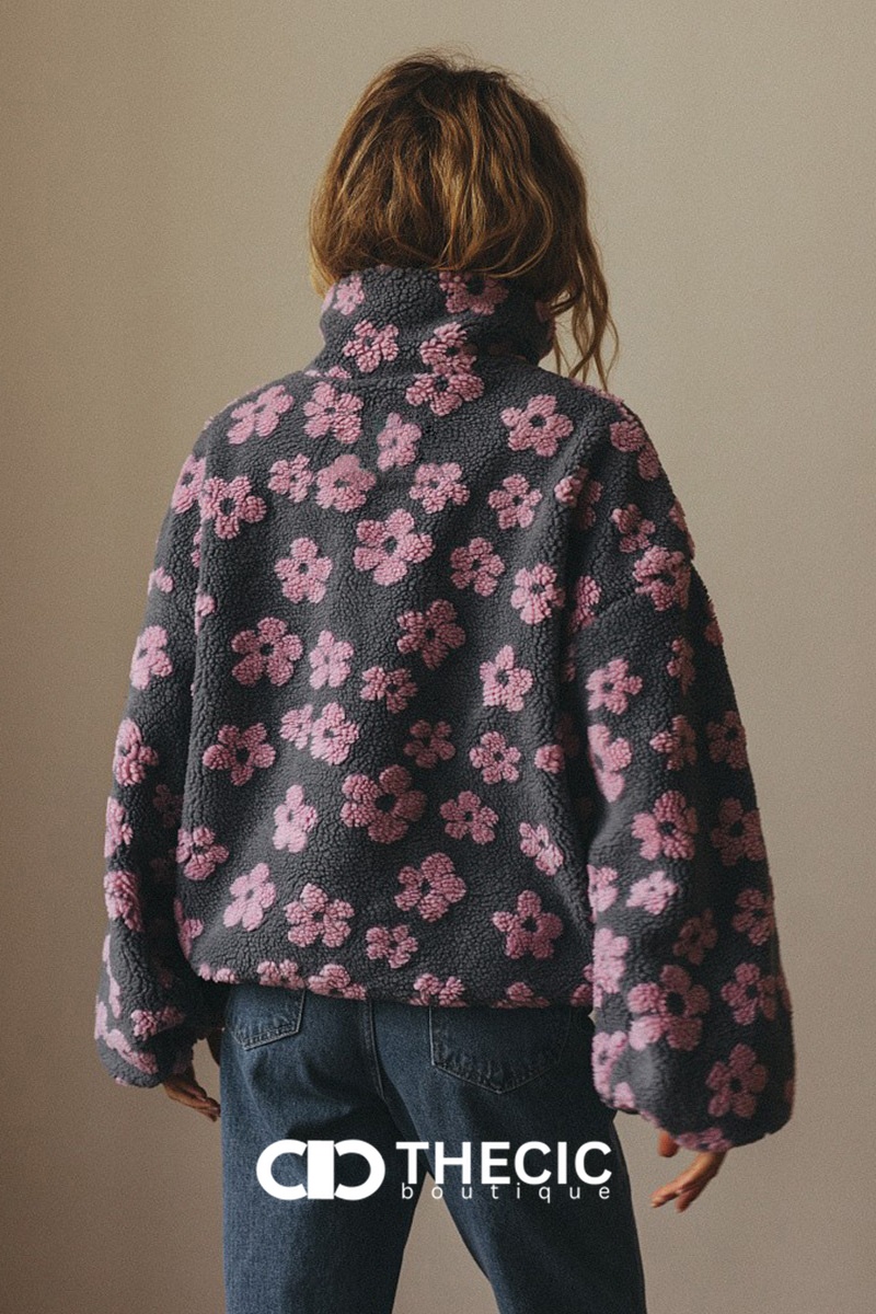 Oversized Floral Sherpa Half-Zip Pullover
