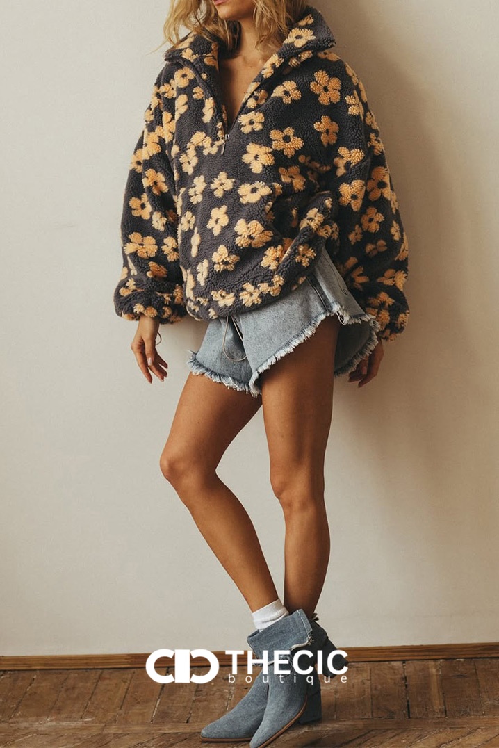 Oversized Floral Sherpa Half-Zip Pullover