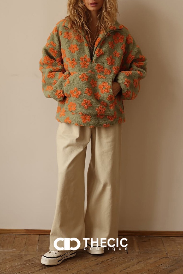 Oversized Floral Sherpa Half-Zip Pullover