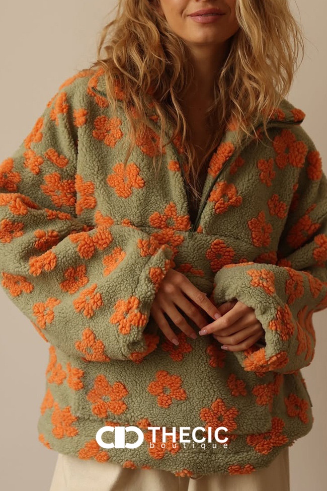 Oversized Floral Sherpa Half-Zip Pullover