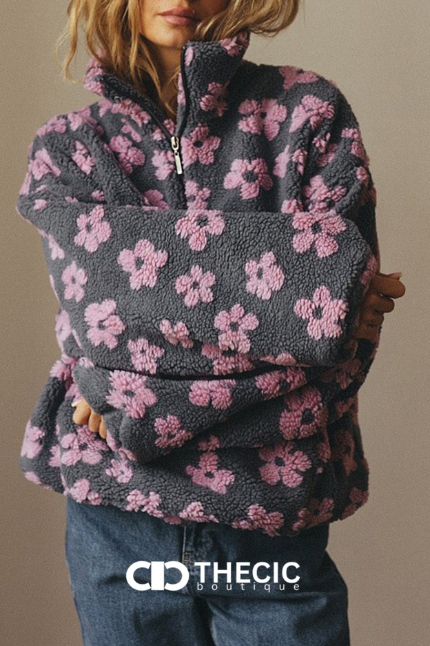 Oversized Floral Sherpa Half-Zip Pullover