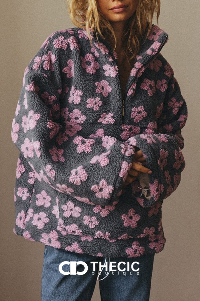 Oversized Floral Sherpa Half-Zip Pullover