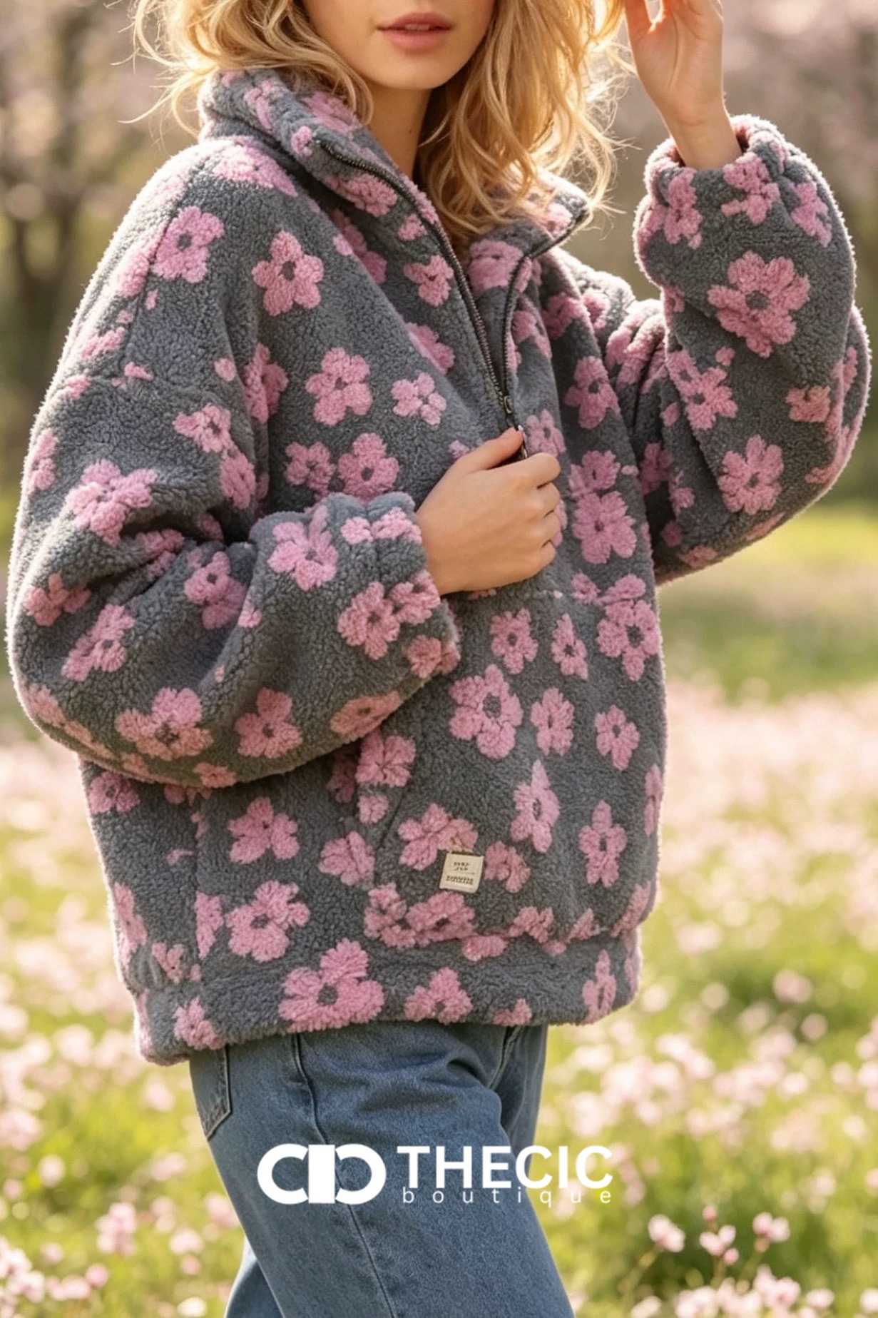 Oversized Floral Sherpa Half-Zip Pullover