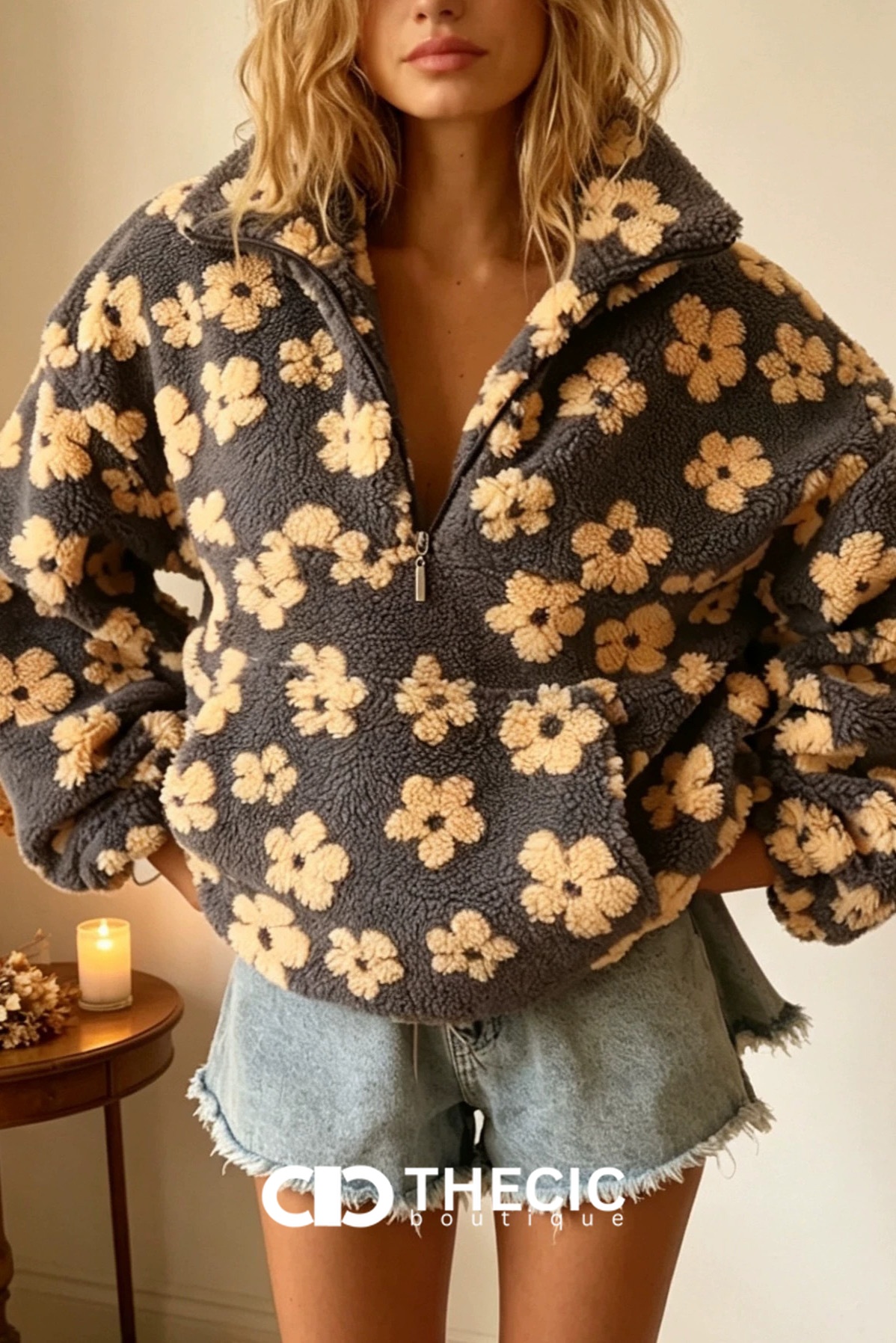 Oversized Floral Sherpa Half-Zip Pullover