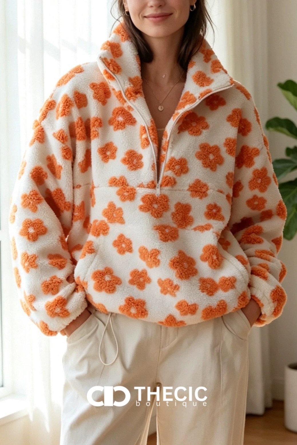 Oversized Floral Sherpa Half-Zip Pullover