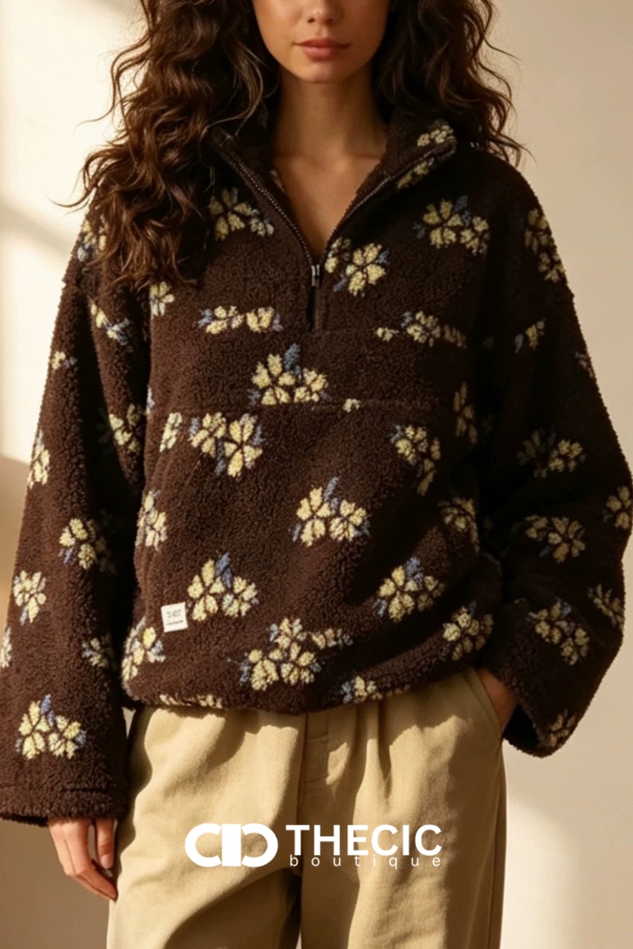 Oversized Floral Sherpa Half-Zip Pullover