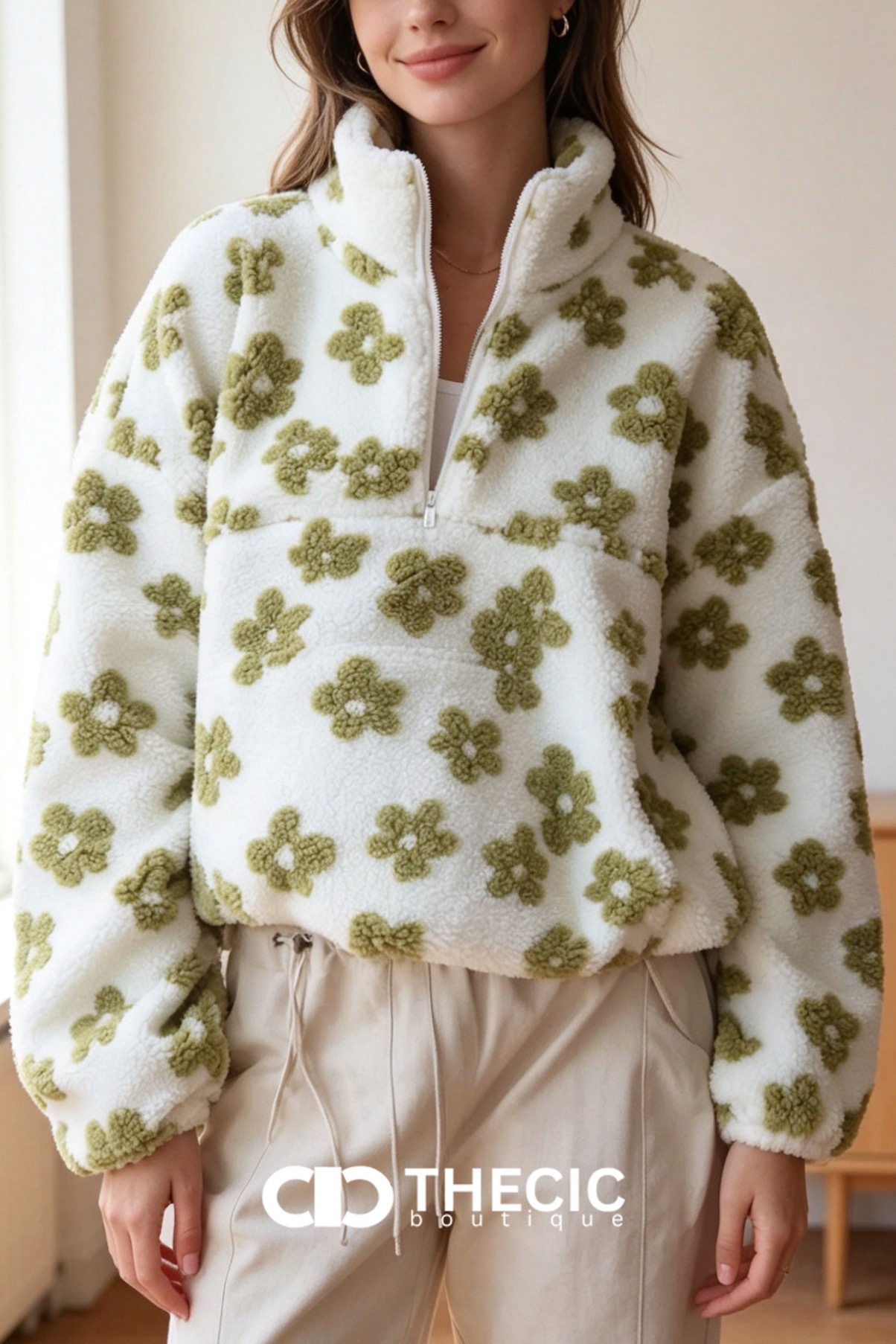 Oversized Floral Sherpa Half-Zip Pullover