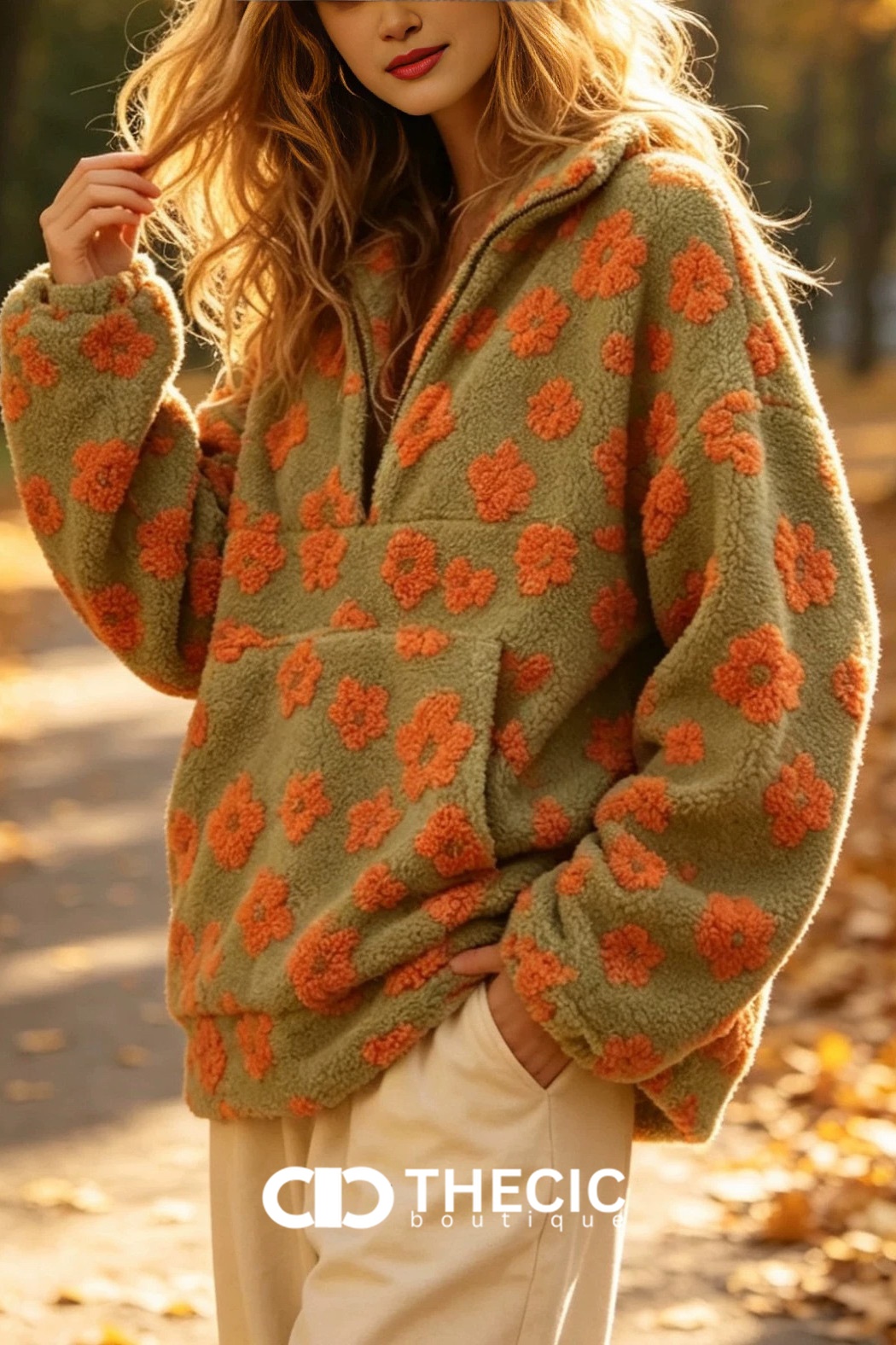 Oversized Floral Sherpa Half-Zip Pullover