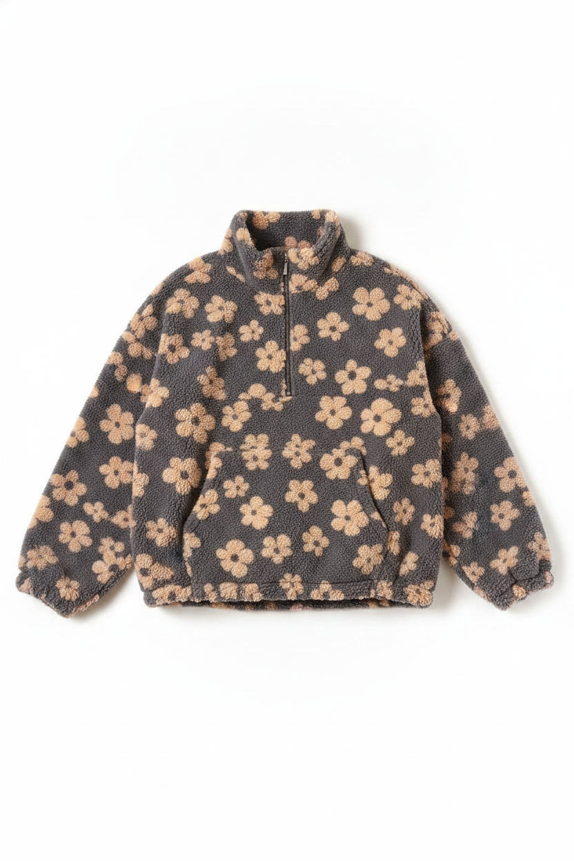 Oversized Floral Sherpa Half-Zip Pullover