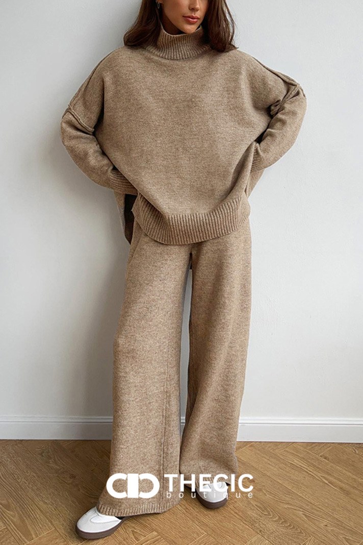 Relaxed Knit Turtleneck Sweater Wide-Leg Pants Set