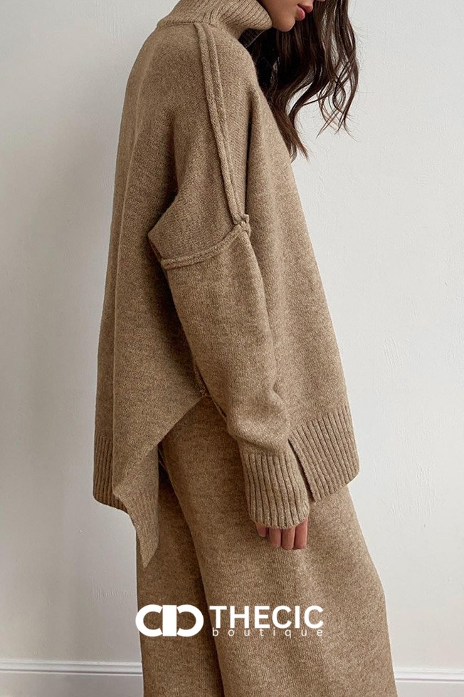 Relaxed Knit Turtleneck Sweater Wide-Leg Pants Set