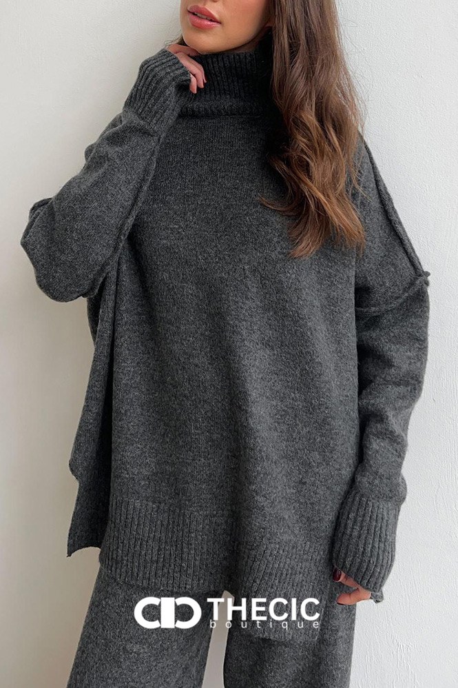 Relaxed Knit Turtleneck Sweater Wide-Leg Pants Set