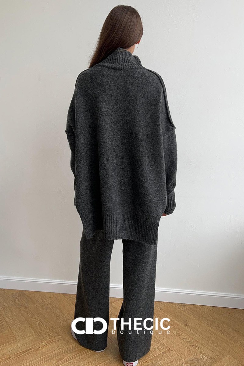 Relaxed Knit Turtleneck Sweater Wide-Leg Pants Set