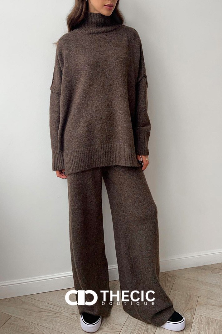 Relaxed Knit Turtleneck Sweater Wide-Leg Pants Set