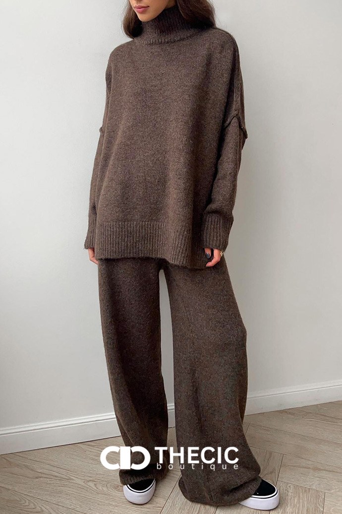 Relaxed Knit Turtleneck Sweater Wide-Leg Pants Set