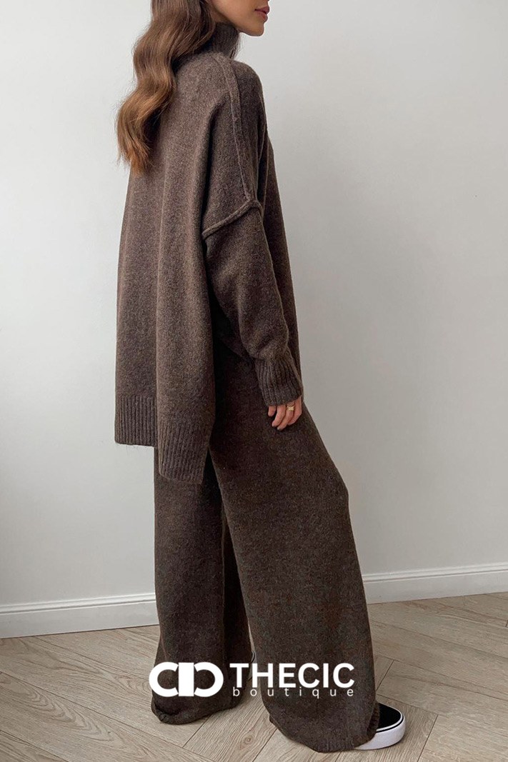 Relaxed Knit Turtleneck Sweater Wide-Leg Pants Set