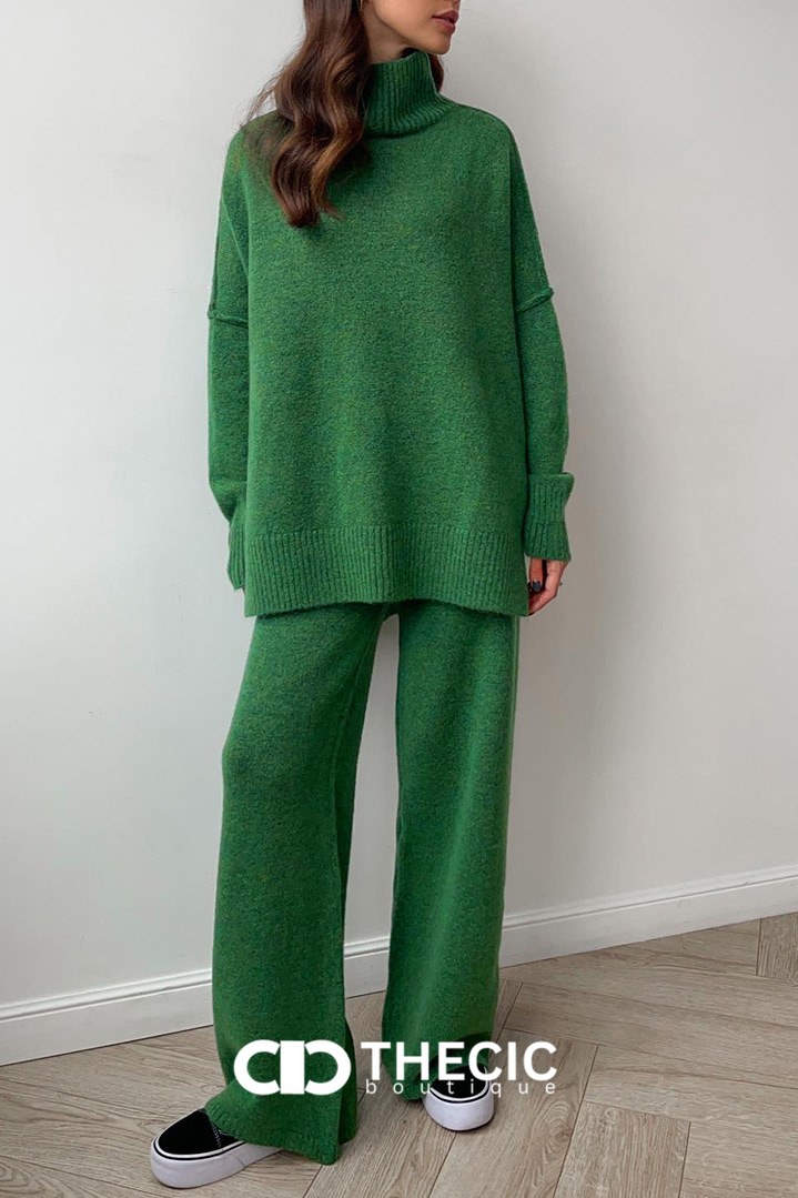 Relaxed Knit Turtleneck Sweater Wide-Leg Pants Set
