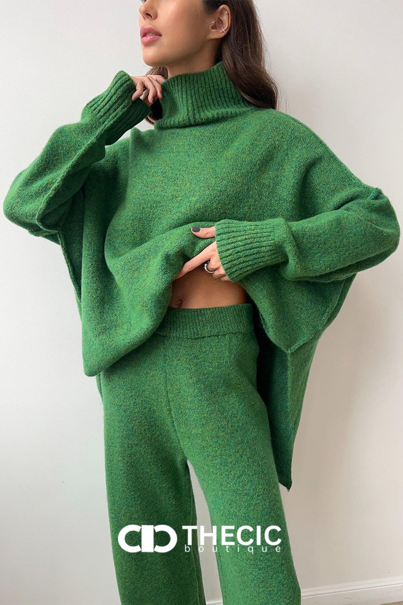 Relaxed Knit Turtleneck Sweater Wide-Leg Pants Set