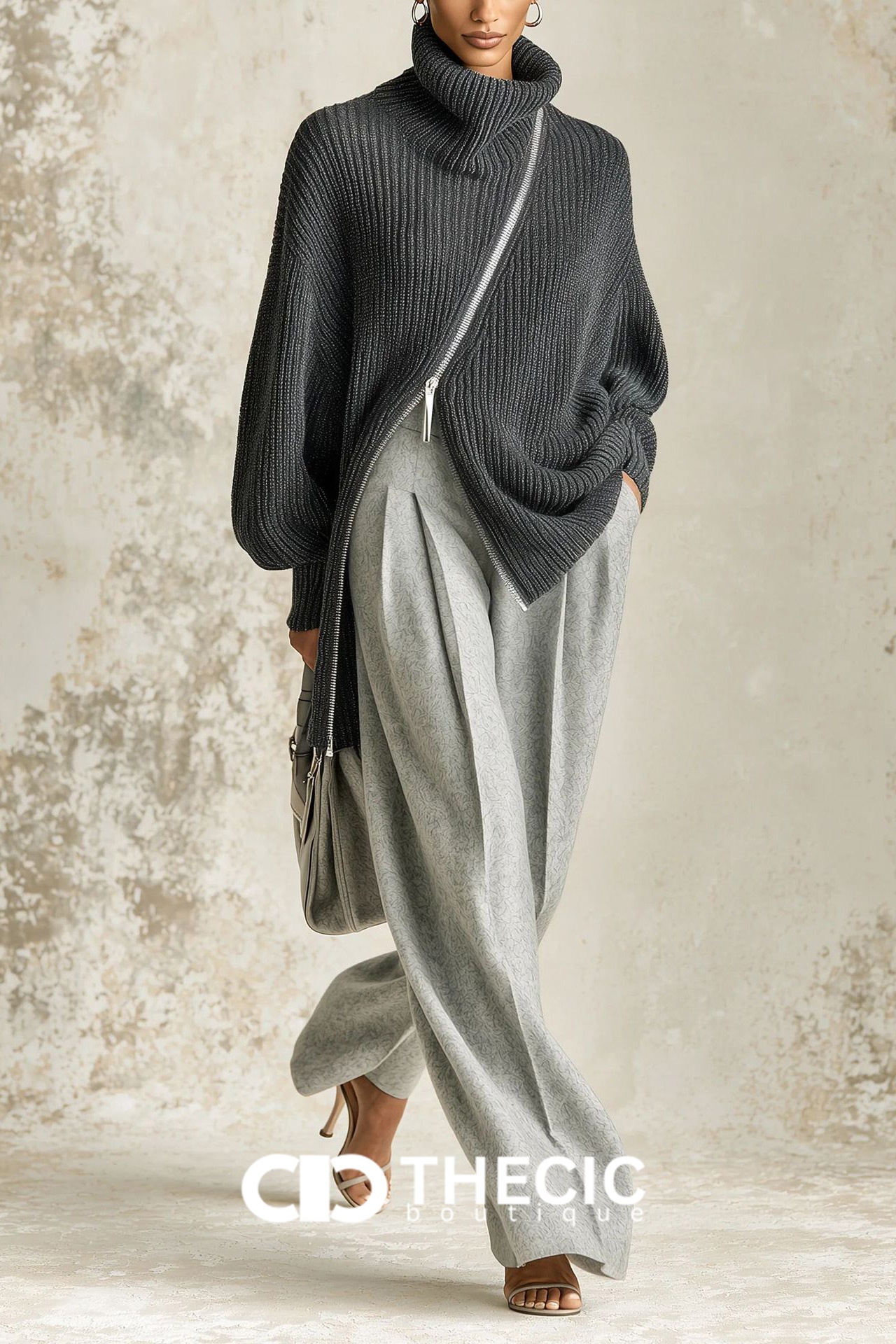 Oversized Ribbed Knit Turtleneck Zipper Sweater Two Piece Set