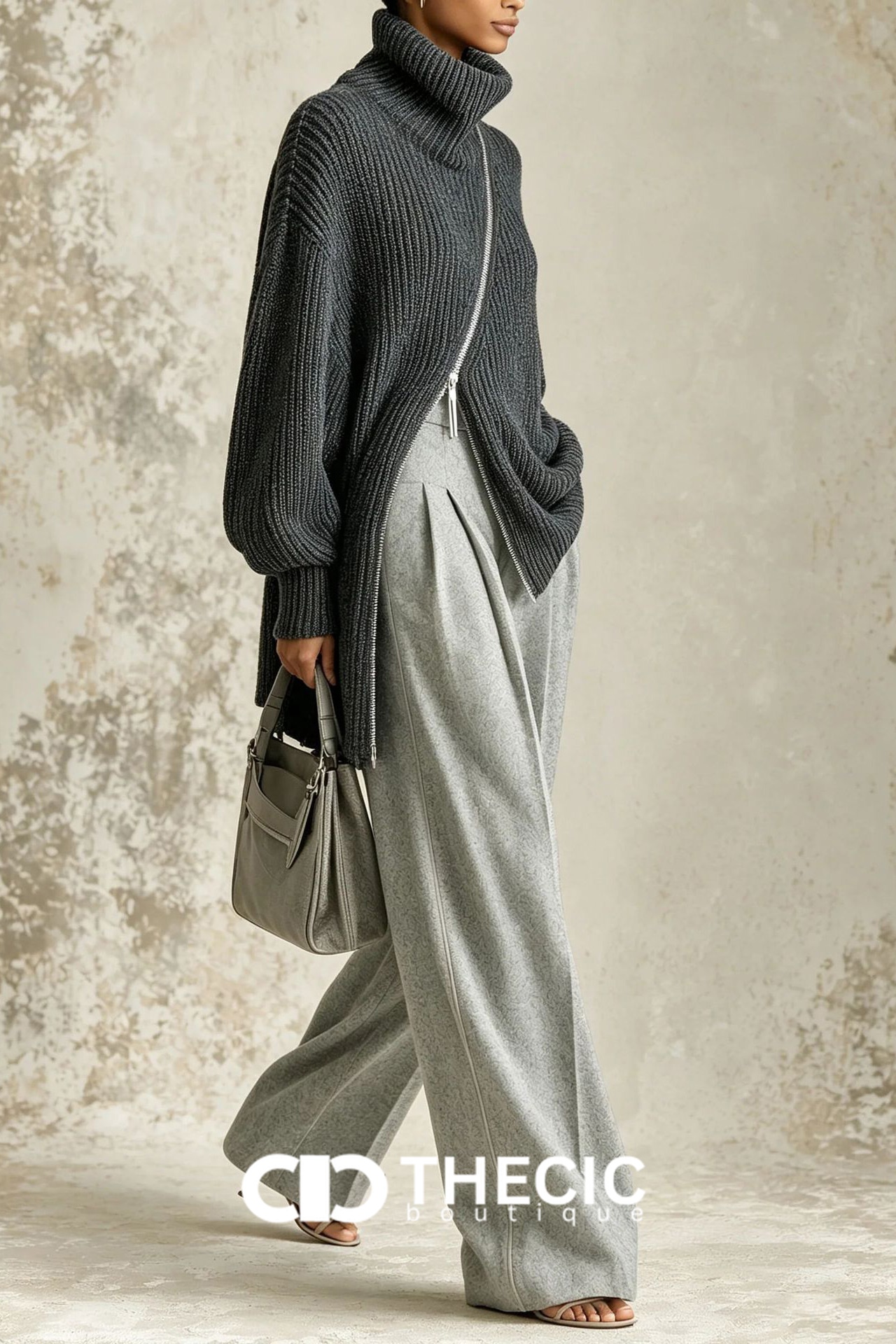Oversized Ribbed Knit Turtleneck Zipper Sweater Two Piece Set