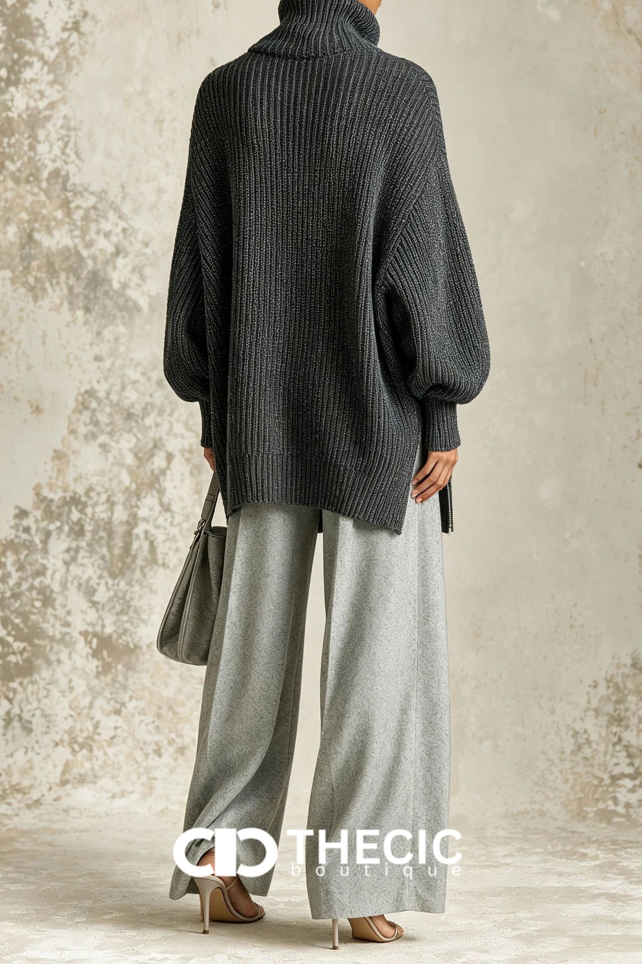 Oversized Ribbed Knit Turtleneck Zipper Sweater Two Piece Set