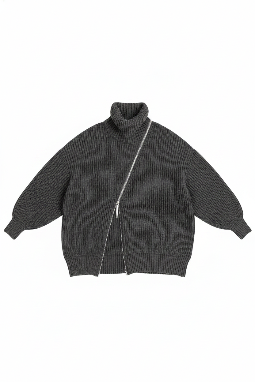 Oversized Ribbed Knit Turtleneck Zipper Sweater Two Piece Set