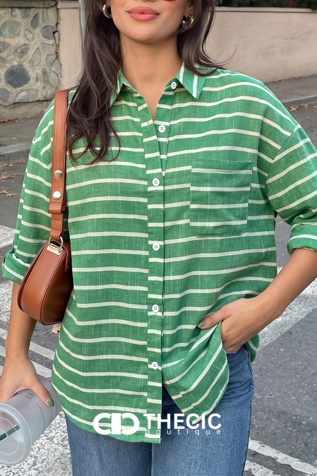 Oversized Striped Button-Up Long Sleeve Shirt