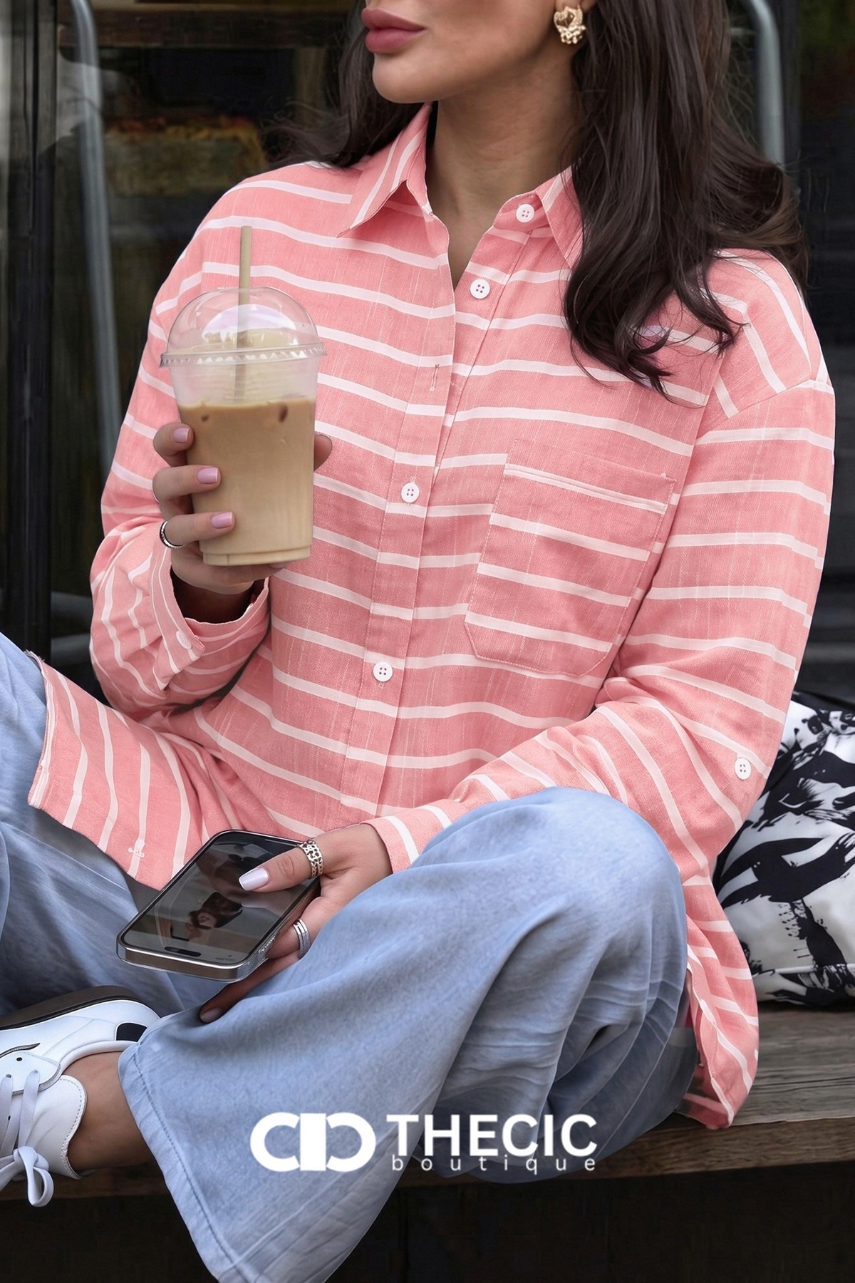 Oversized Striped Button-Up Long Sleeve Shirt