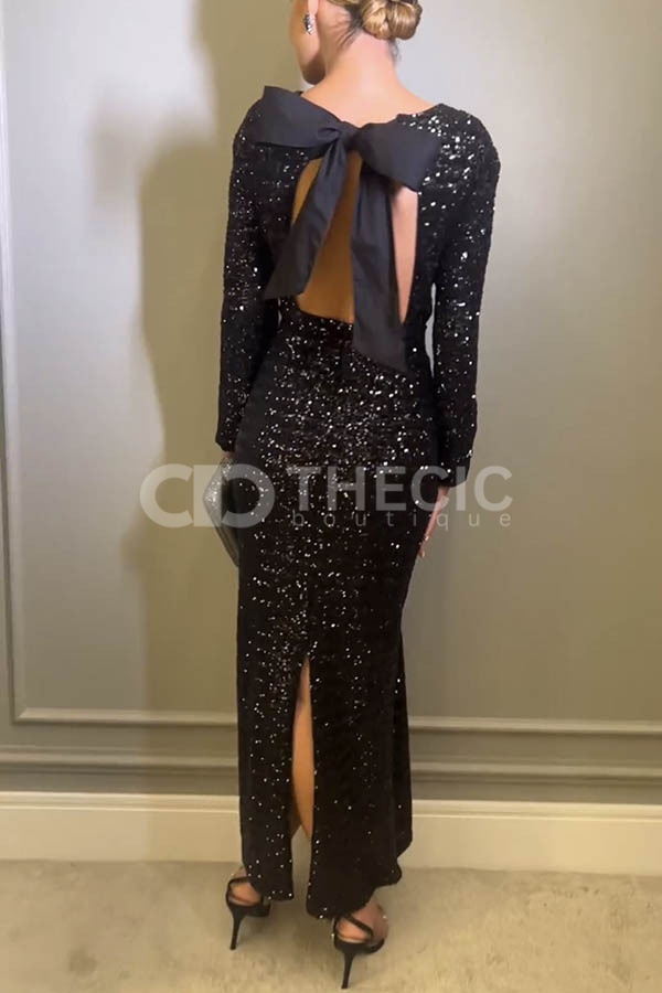 Padded Shoulder Sequin Open Back Bow Maxi Dress