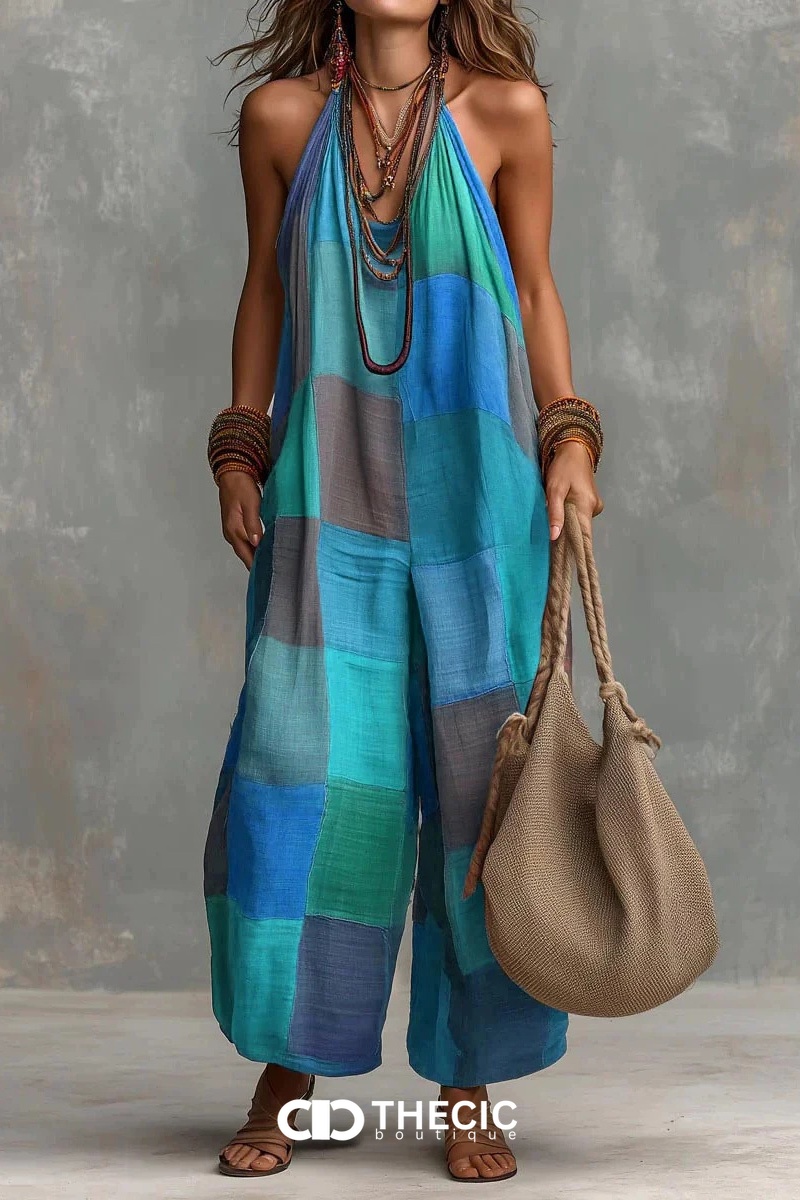 Bohemian Jumpsuit | Patchwork Halter Neck Wide Leg Jumpsuit | Beach Vacation & Resort Wear