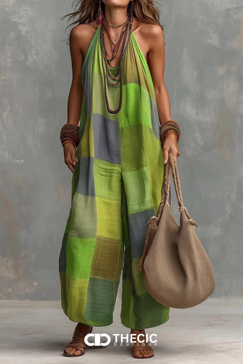 Patchwork Halter Neck Wide Leg Jumpsuit