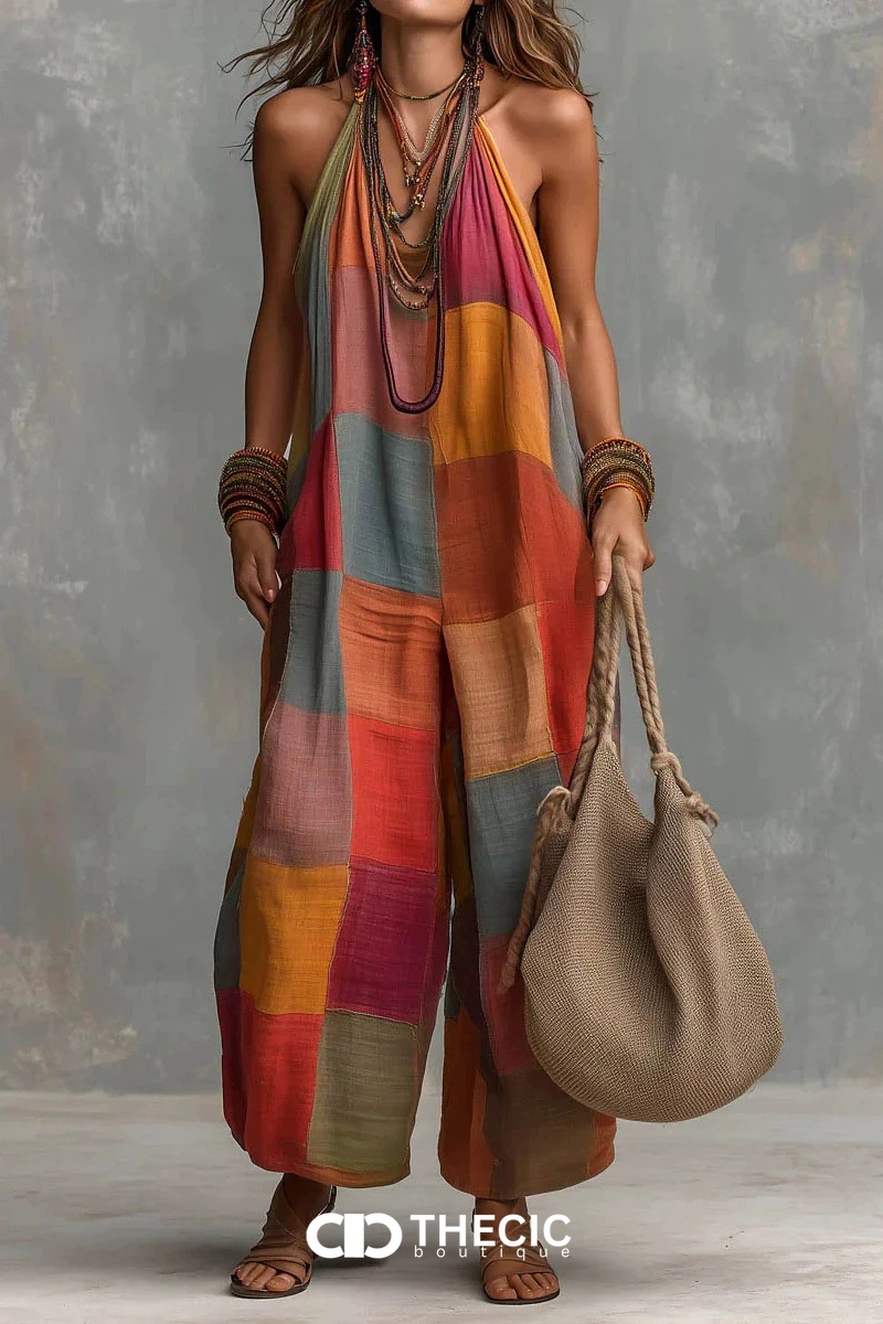 Bohemian Jumpsuit | Patchwork Halter Neck Wide Leg Jumpsuit | Beach Vacation & Resort Wear