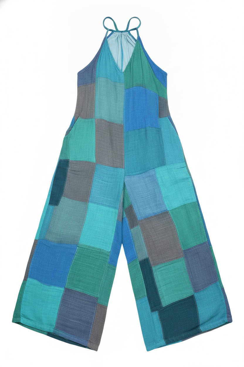 Patchwork Halter Neck Wide Leg Jumpsuit