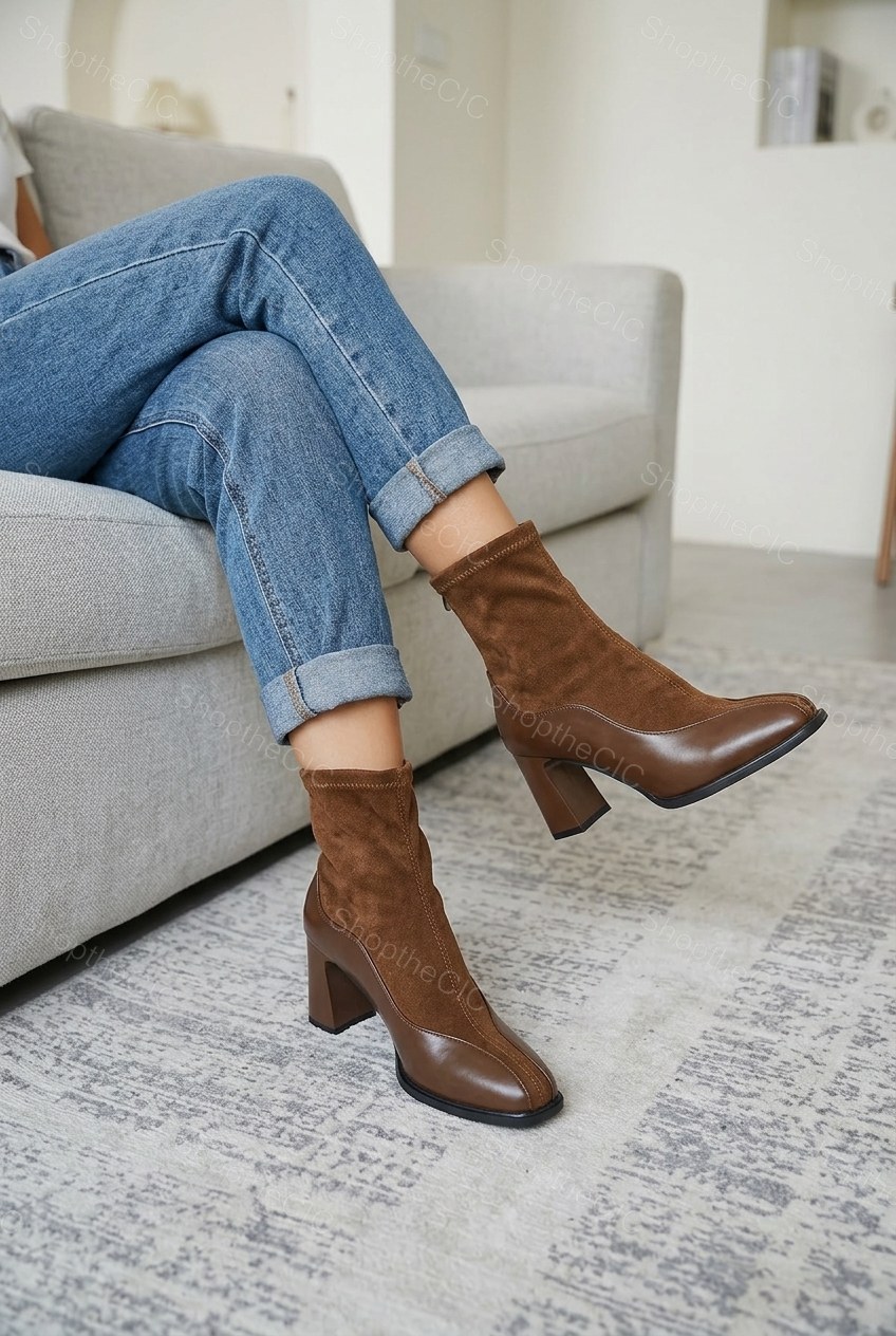 Patchwork Suede Square-Toe Block Heel Ankle Boots