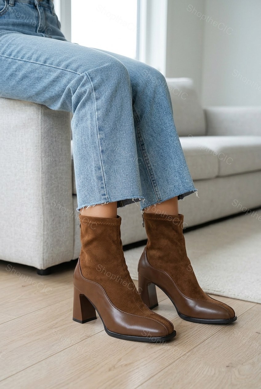 Patchwork Suede Square-Toe Block Heel Ankle Boots