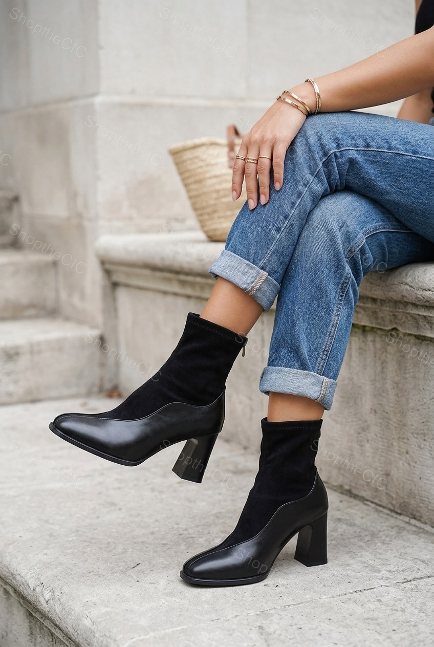 Patchwork Suede Square-Toe Block Heel Ankle Boots