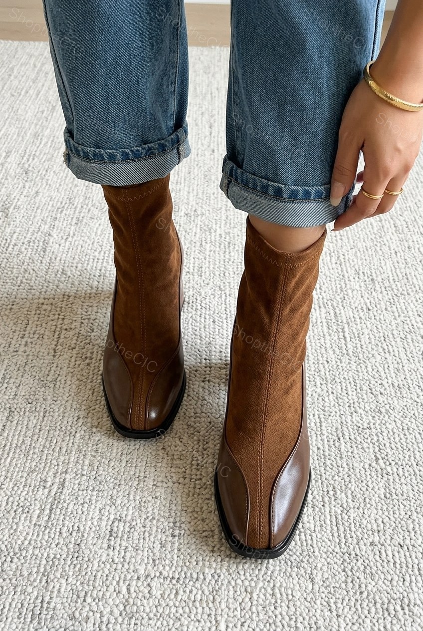 Patchwork Suede Square-Toe Block Heel Ankle Boots